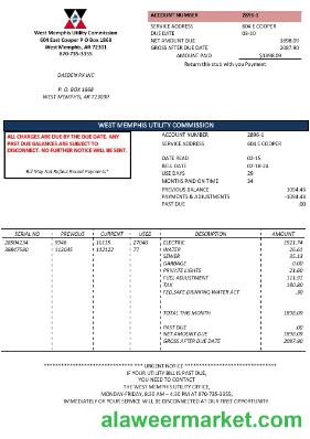USA Arkansas West Memphis business utility bill template in Word and PDF formats